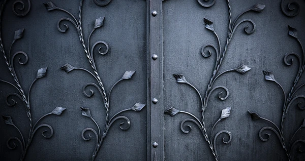 Portes en métal noir ornées de motifs décoratifs floraux forgés, présentant des volutes et feuillages stylisés en relief