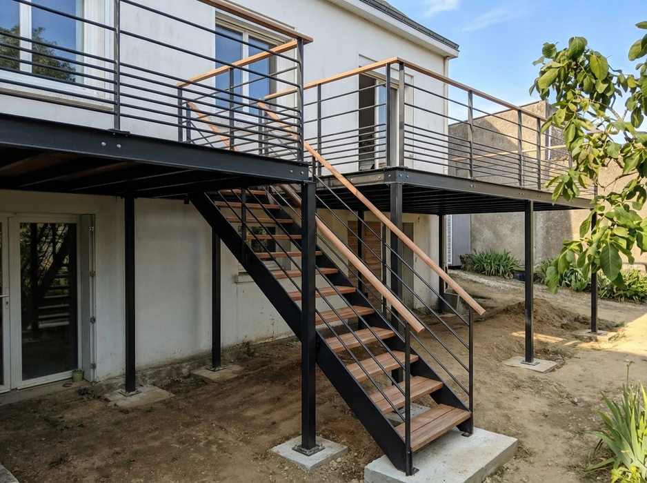 Terrasse extérieure surélevée avec escalier droit, structure métallique en acier laqué anthracite, marches en bois exotique type IPE