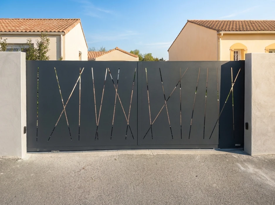 Portail coulissant double vantaux en aluminium thermolaqué gris anthracite, avec découpes laser motif bambous croisés
