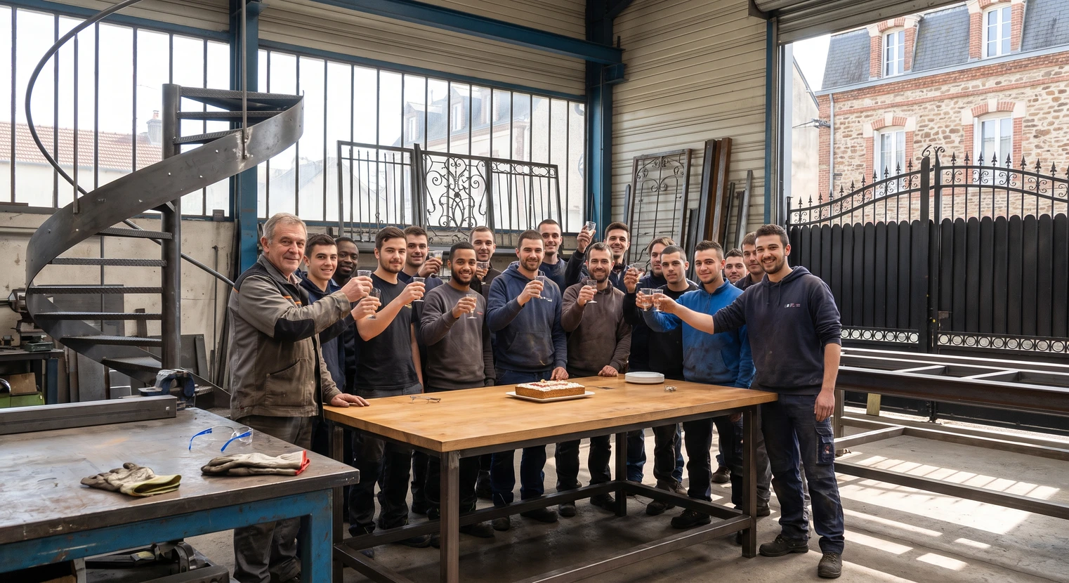 Photographie en intérieur ou extérieur d'atelier de métallerie montrant l'équipe réunie autour d'une table ou d'un espace de célébration, avec des collaborateurs souriant et partageant un moment festif ensemble. Arrière-plan présentant des éléments caractéristiques de la métallerie (escaliers métalliques, portails forgés, structures en acier). L'atmosphère doit transmettre le sentiment de transmission générationnelle, de fierté artisanale et de camaraderie d'équipe. Lumière naturelle mettant en avant les visages et l'ambiance conviviale.