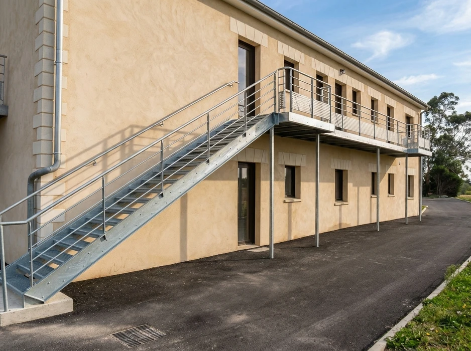 Escalier métallique extérieur droit galvanisé à chaud, fixé en façade d'un bâtiment à deux niveaux