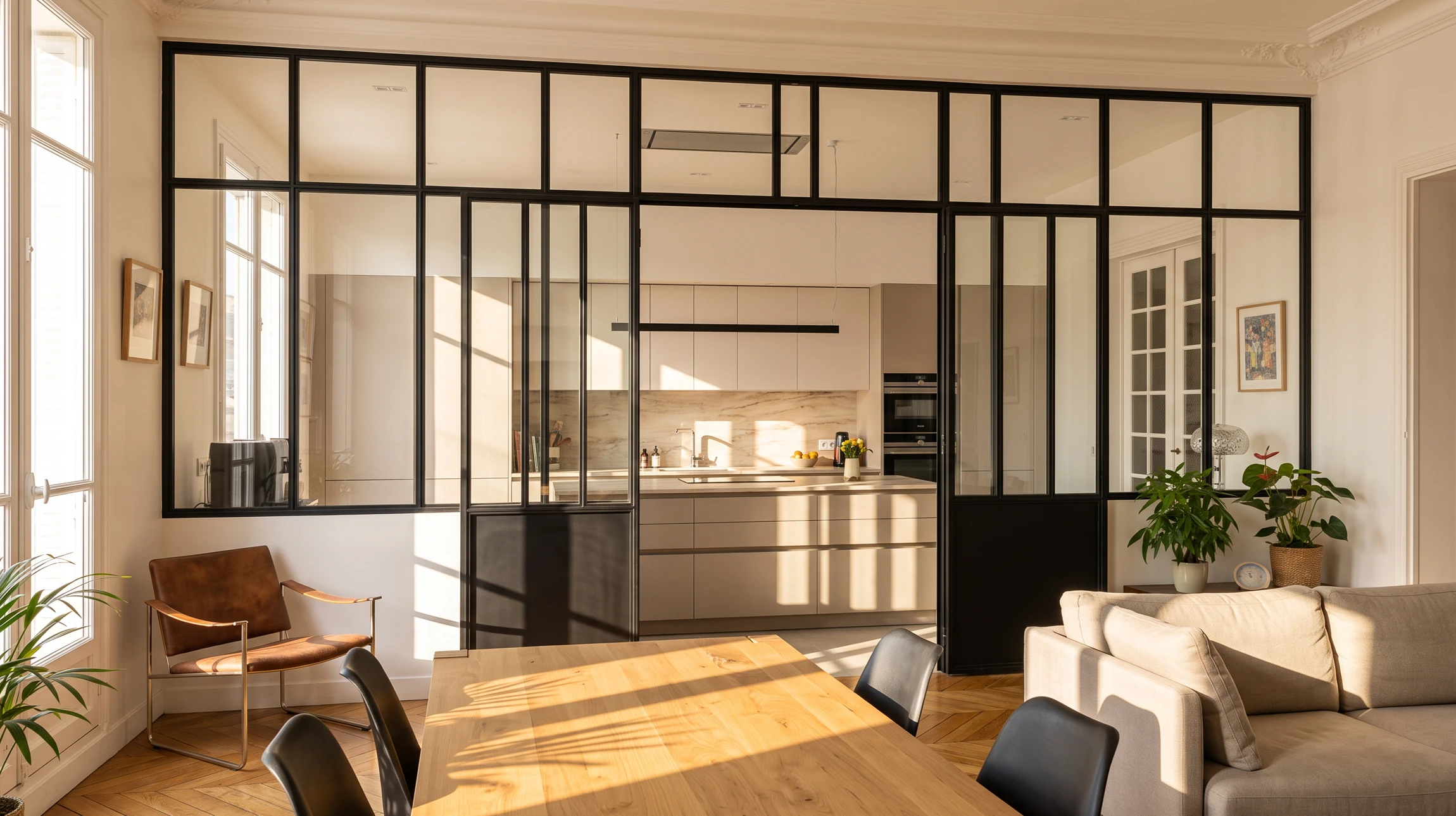 Photographie d'un intérieur moderne montrant une élégante verrière intérieure avec structure métallique noire délimitant un espace (salon, cuisine ou autre pièce). La verrière doit être le point focal de l'image, présentée de manière claire et esthétique, avec des vitres transparentes permettant une vue à travers la structure métallique. L'espace doit montrer le savoir-faire artisanal et le design sur mesure caractéristique des réalisations de métallerie haut de gamme.