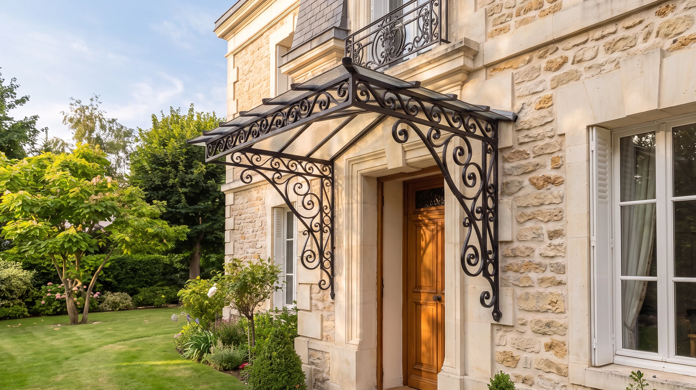 Façade résidentielle élégante photographiée de face, montrant l'entrée principale d'une maison avec une marquise en fer forgé noir artisanal surplombant la porte d'entrée. La marquise présente des motifs délicats et travaillés typiques du fer forgé traditionnel, avec des ornements courbes et détaillés. La porte d'entrée est visible sous la marquise, encadrée par un cadre de qualité. L'éclairage naturel du jour illumine les détails du fer forgé, mettant en évidence sa finition et sa facture artisanale. La composition capture l'ensemble de la zone d'entrée avec la marquise comme élément dominant et valorisé.