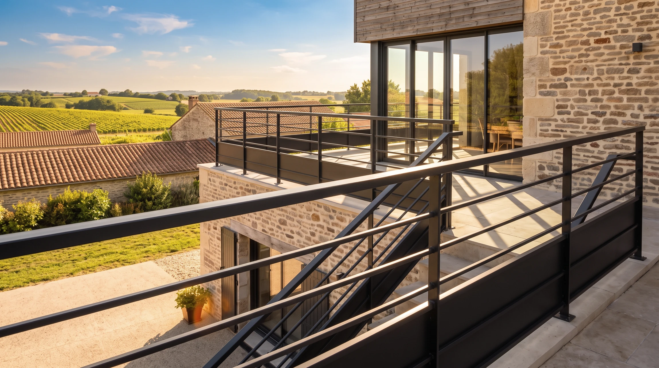 Photographie en plan large d'une terrasse ou d'un escalier avec un garde-corps métallique contemporain en acier, de style épuré avec barreaux verticaux ou lisses horizontales, installé sur un escalier extérieur ou une balustrade de terrasse. La structure doit être clairement visible, bien finie et refléter le savoir-faire artisanal en métallerie. Lumière naturelle mettant en valeur le travail du métal et l'intégration harmonieuse du garde-corps à l'architecture. Pas de personne dans l'image.