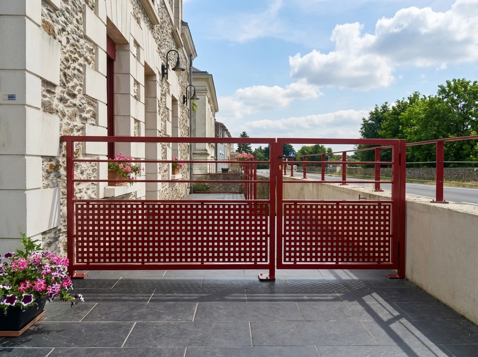 Extérieur résidentiel avec garage fermé par portail sectionnel noir à panneaux rectangulaires