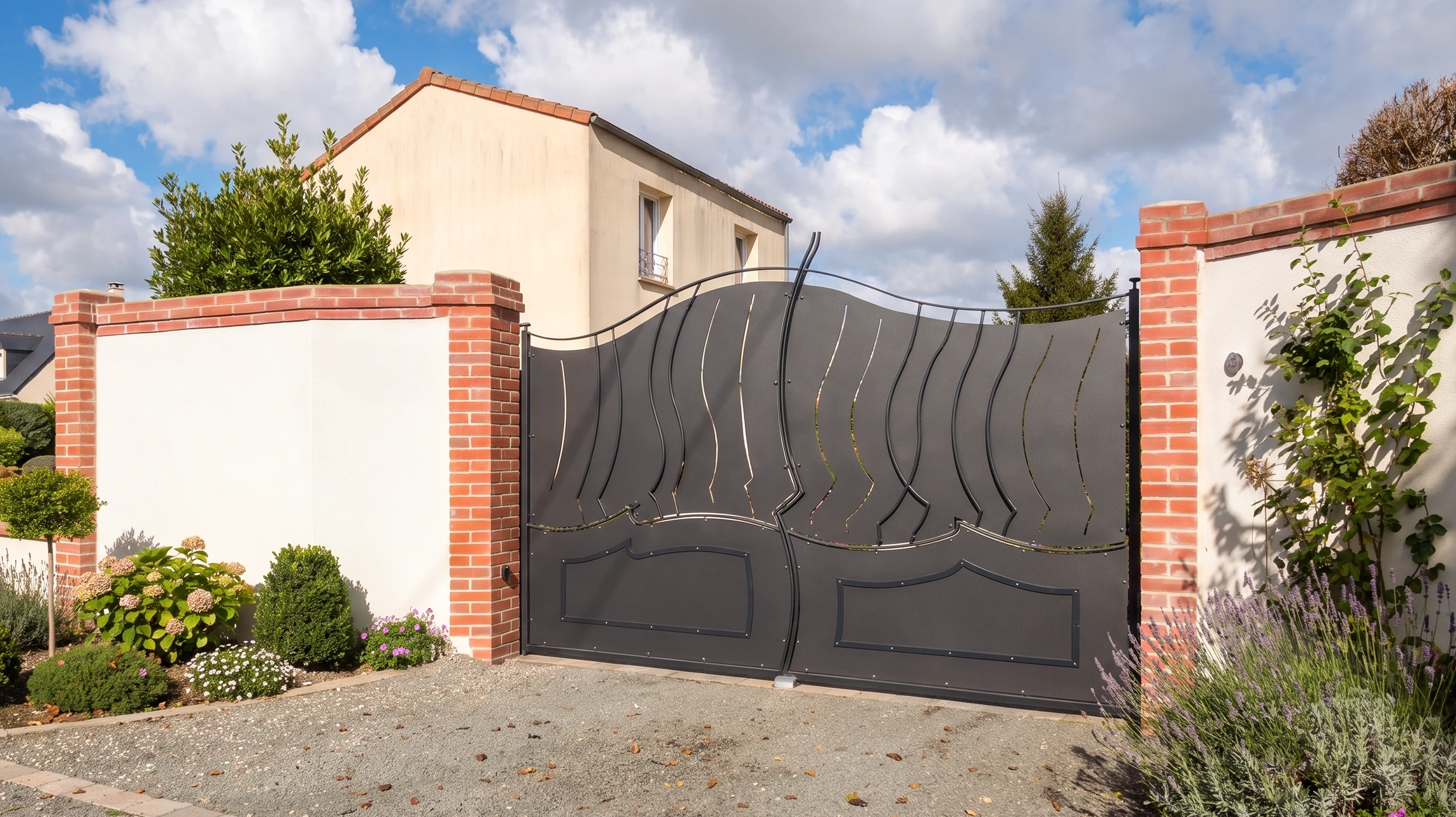 Extérieur ensoleillé avec grille décorative en fer forgé noir comportant des barreaux verticaux ornés de fleurons dorés en forme de fleur de lys
