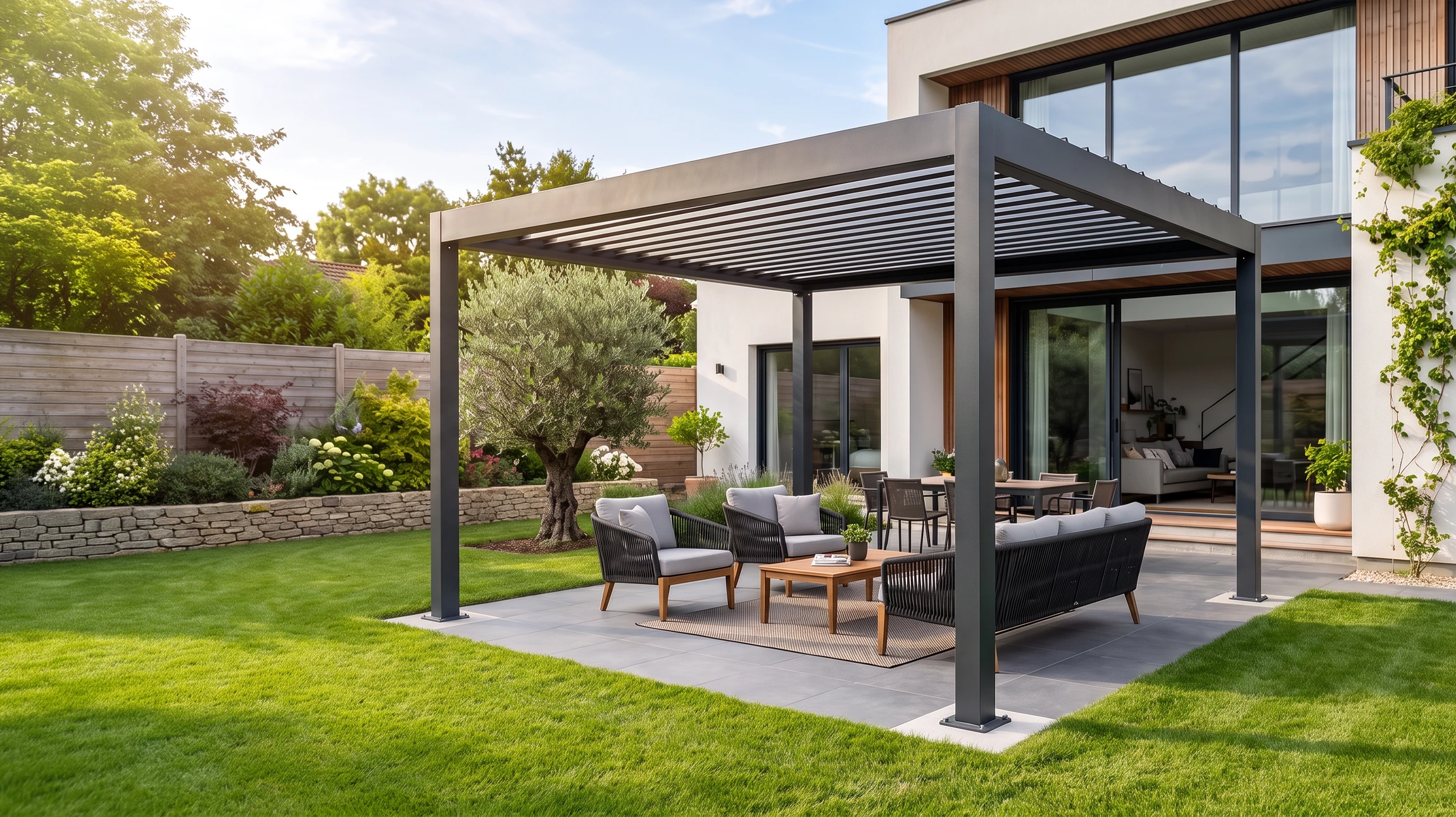 Pergola en acier noir ou galvanisé contemporaine, installée en extérieur dans un jardin ou sur une terrasse résidentielle, photographiée de jour avec ciel dégagé. La structure doit afficher des lignes épurées et géométriques caractéristiques du travail de métallerie artisanale, avec un fini professionnel. La pergola doit être visible en intégralité, intégrée harmonieusement dans son environnement architectural, montrant clairement sa fonction ornementale et fonctionnelle (ombre structurée, élégance des lignes métalliques).