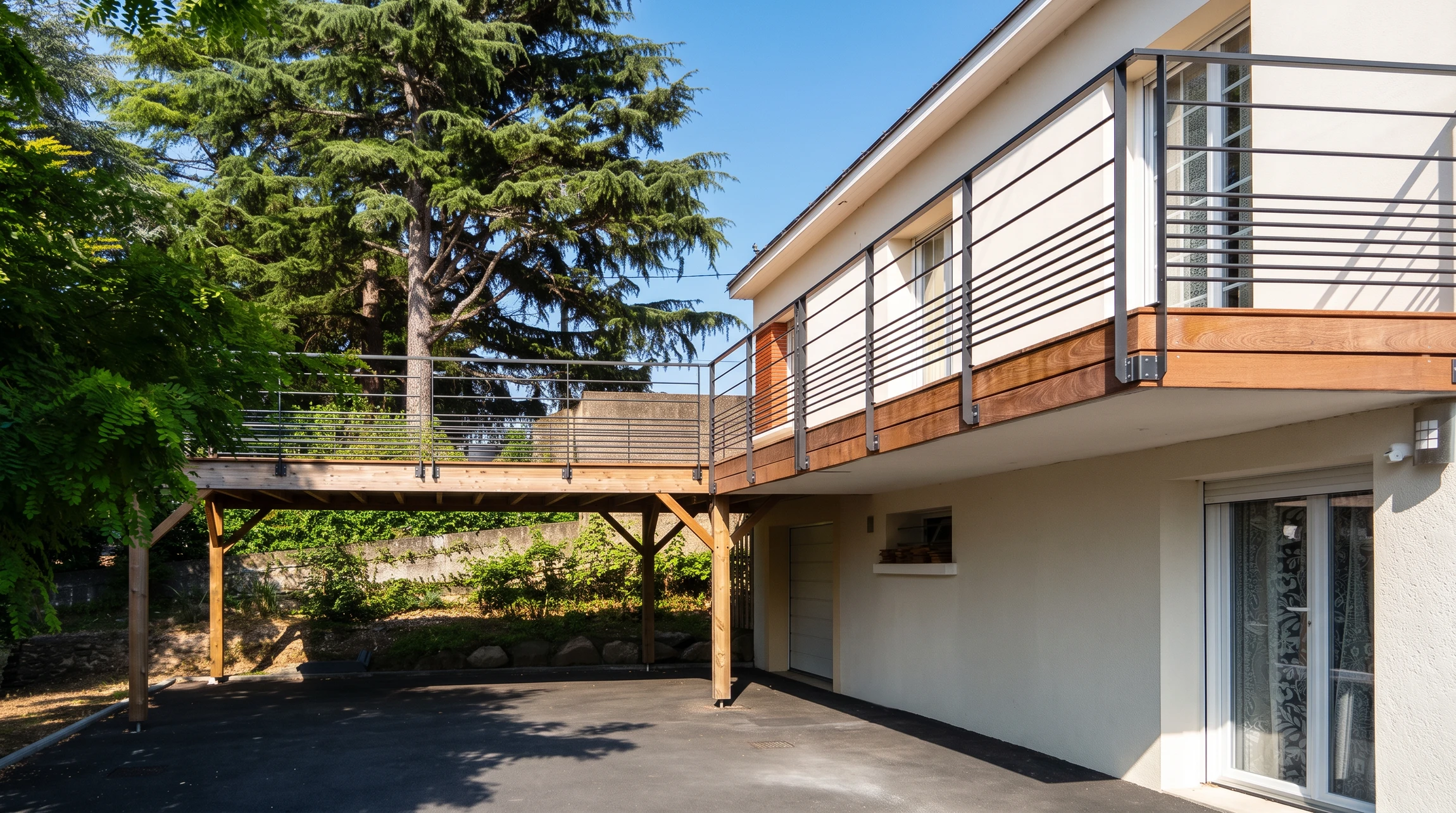 Terrasse sur toit aménagée avec salon de jardin moderne, pergola métallique contemporaine et serre vitrée