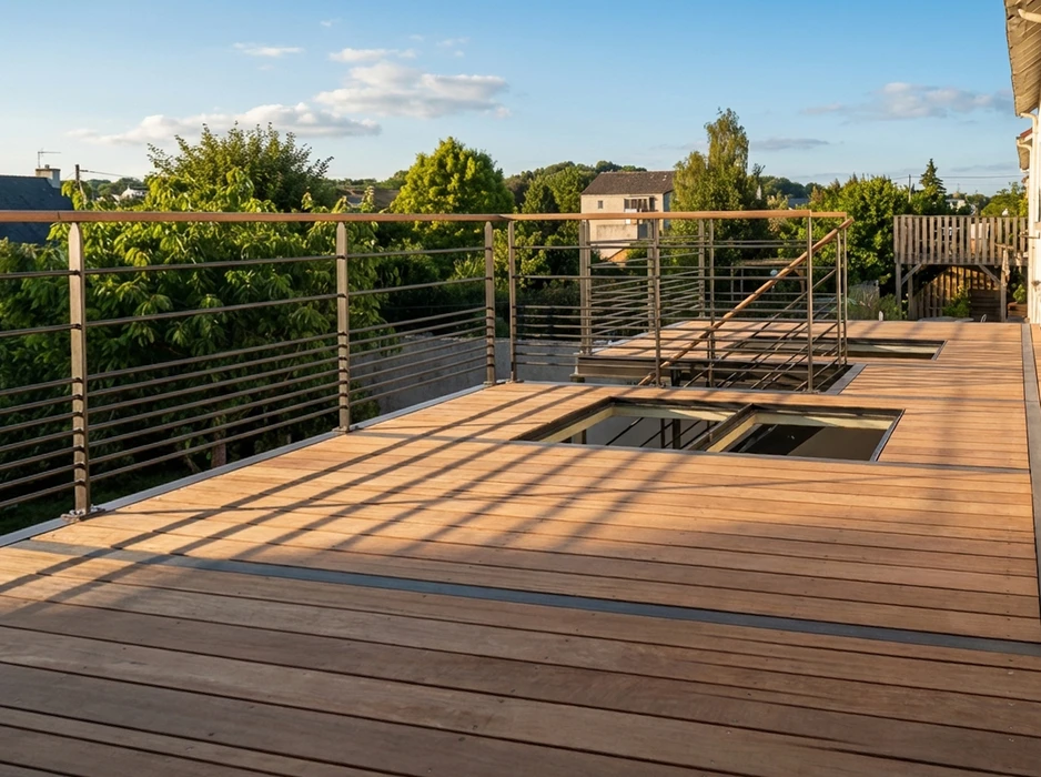 Terrasse en bois surélevée sur pilotis en bois lamellé-collé, prolongeant un balcon avec garde-corps métallique tubulaire horizontal